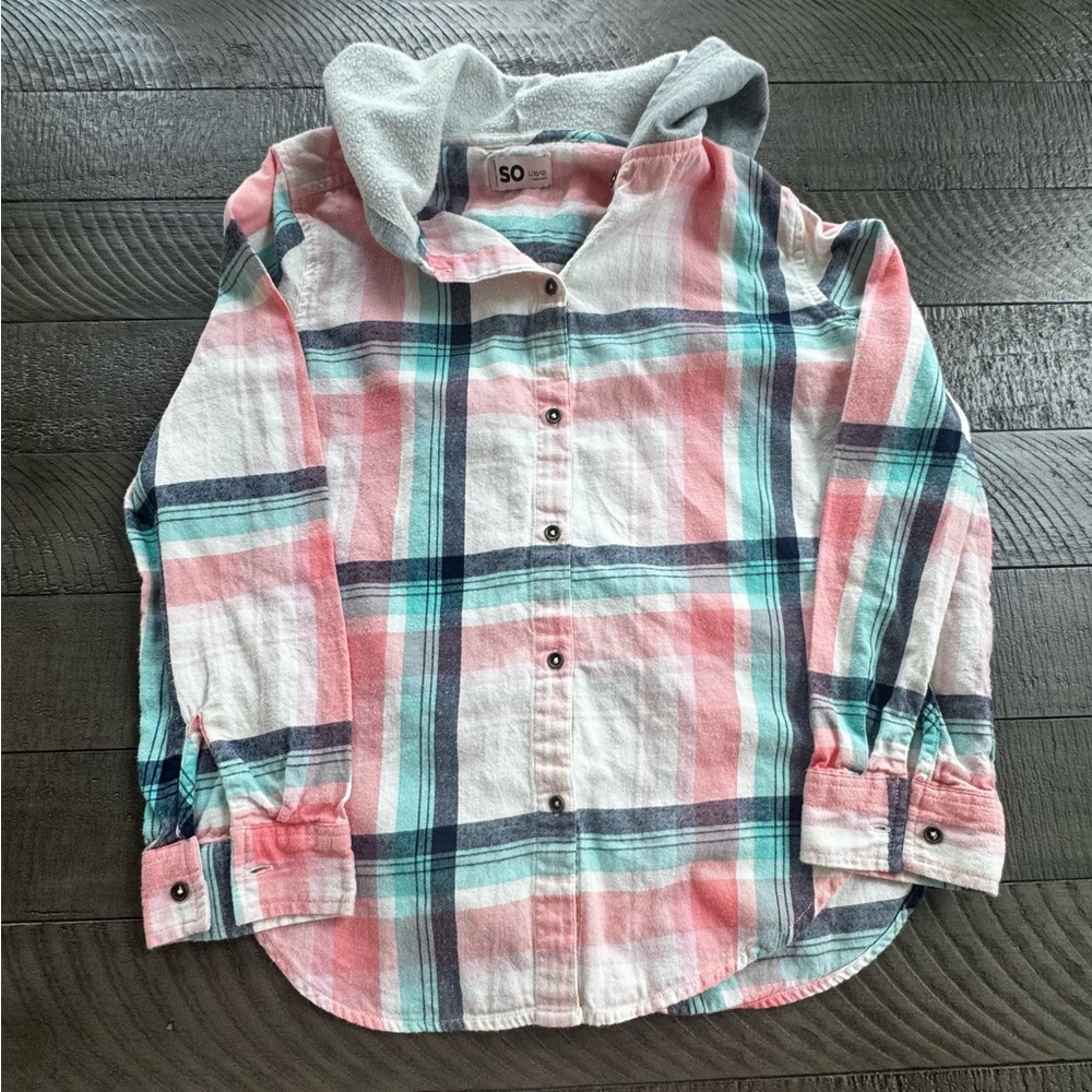 SO Kids Plaid Button-Down Shirt with Hood - Pink, Green, and Gray